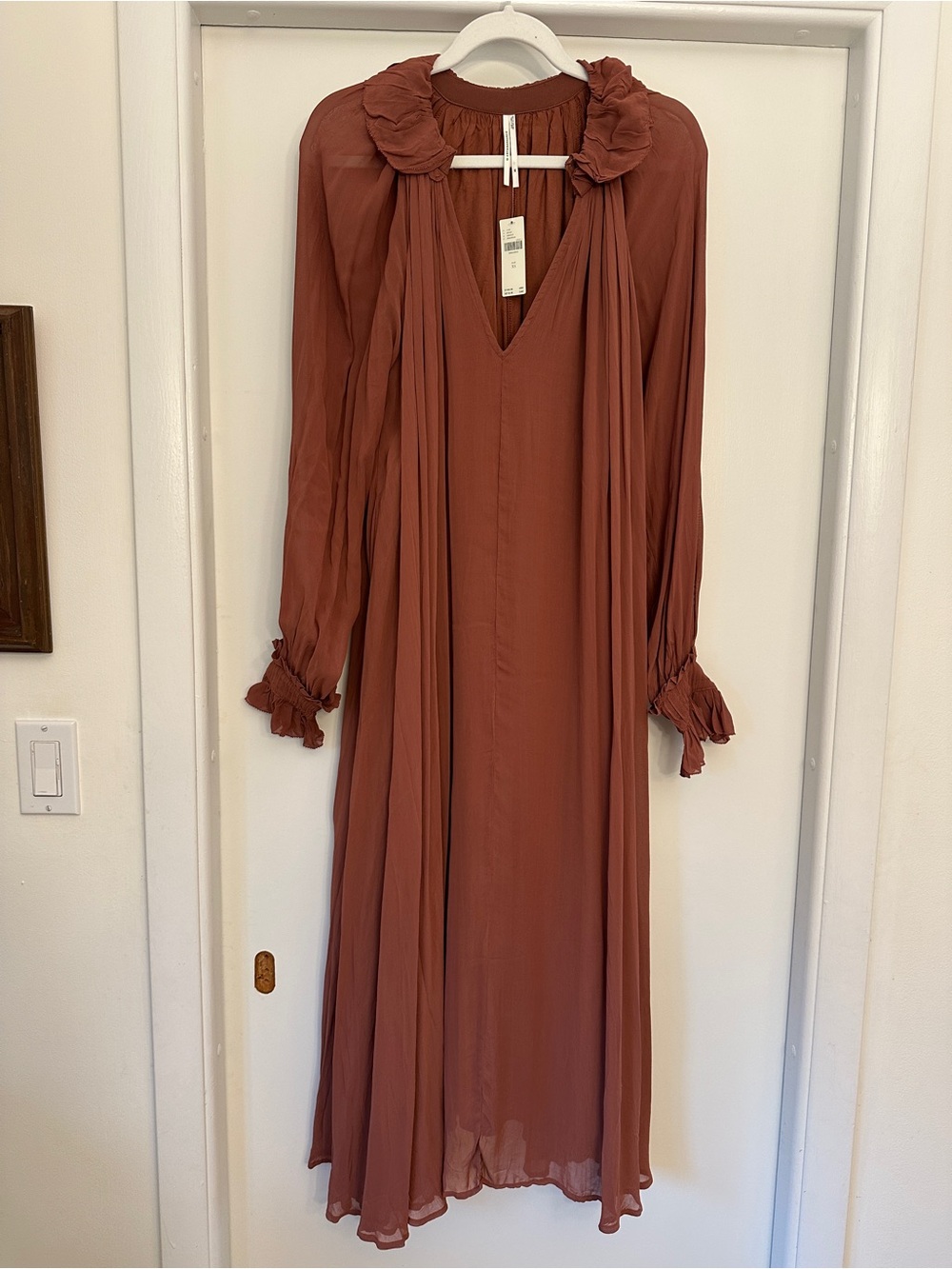 Anthropologie Rust-Pink Long-Sleeve Ruffle Collar Maxi Dress